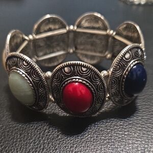 Vintage-Inspired Silver Bracelet with Red, Blue, and Green Stones